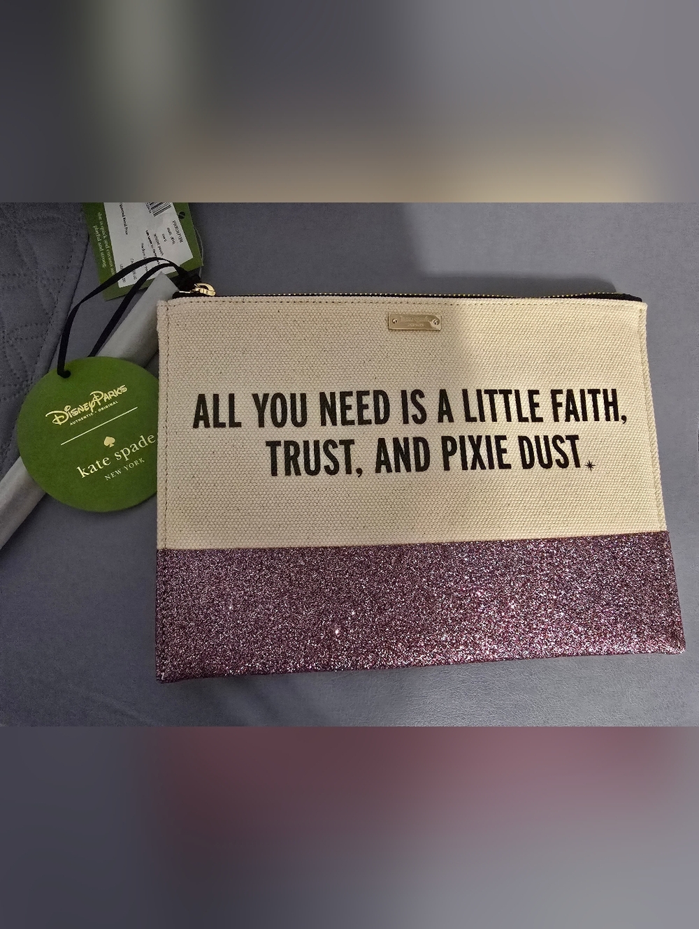 kate spade Nude Canvas Clutch with Pink Glitter Trim